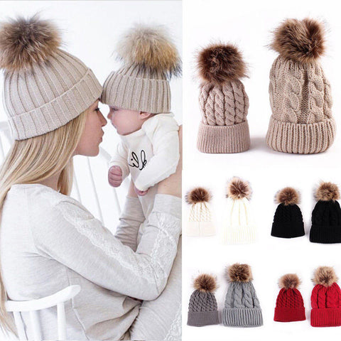 Image of 2Pcs Mother and  Baby Warm Knit Beanie