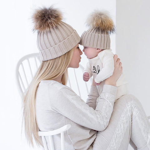 Image of 2Pcs Mother and  Baby Warm Knit Beanie